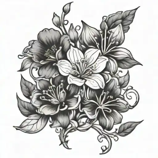 four Flowers with long name stem growing together to represent client's children tattoo design idea