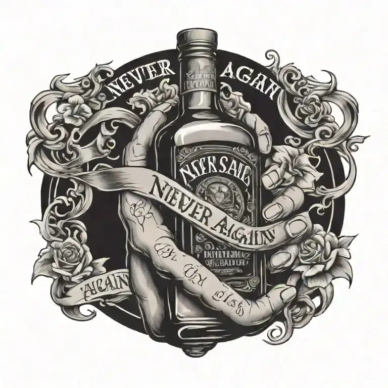 hand holding a whiskey bottle with the phrase, "never again" tattoo design idea