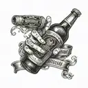single hand holding beer bottle with phrase "never again" tattoo design idea