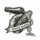 single hand holding beer bottle with phrase "never again" tattoo design idea