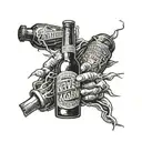 single hand holding beer bottle with phrase "never again" tattoo design idea