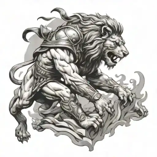 lion and gladiator fighting scene tattoo design idea