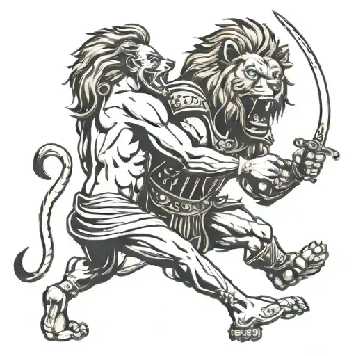 lion and gladiator fighting tattoo design idea