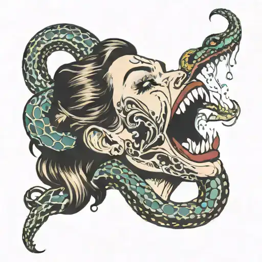 woman pulling snake out of mouth wide open tattoo design idea