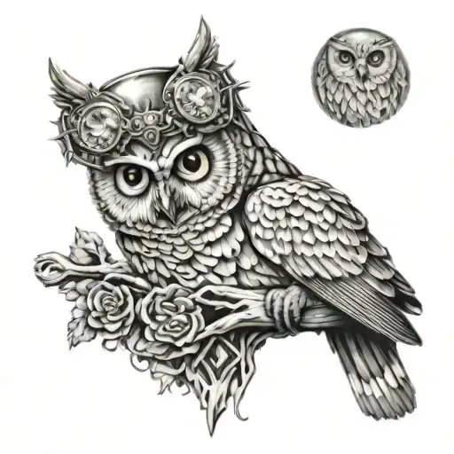 skull with diamond eyes with an owl perched on top tattoo design idea