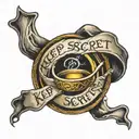 the one ring from lord of the rings with the text "keep it secret, Keep it safe" on a banner tattoo design idea