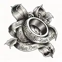 the one ring from lord of the rings with the text "keep it secret, Keep it safe" on a banner tattoo design idea