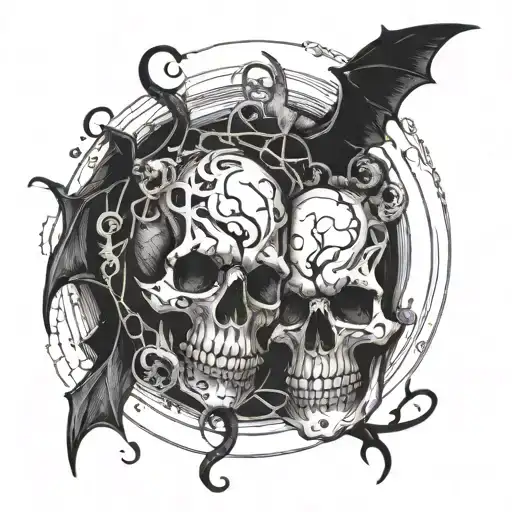 A genetic double helix intertwined with elements of horror, such as skulls and bats tattoo design idea