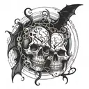A genetic double helix intertwined with elements of horror, such as skulls and bats tattoo design idea
