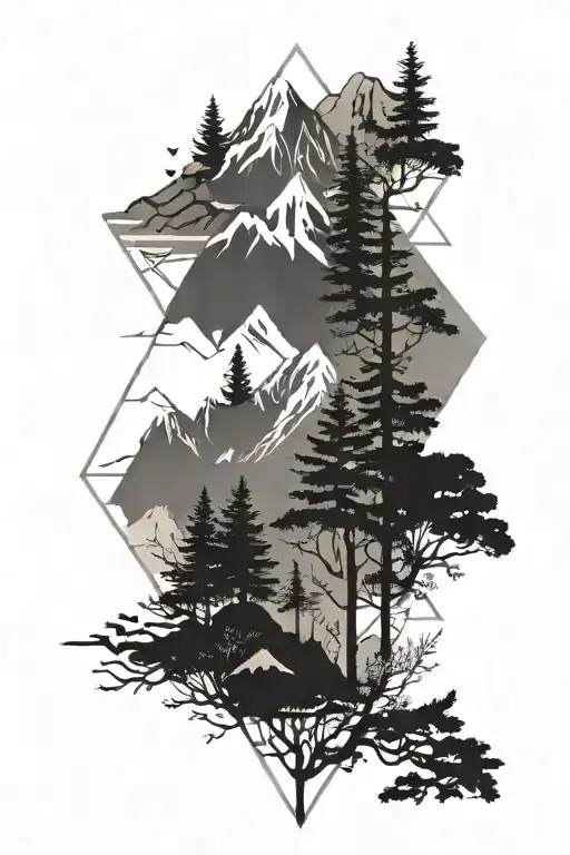 culinary trees mountians & birds tattoo design idea