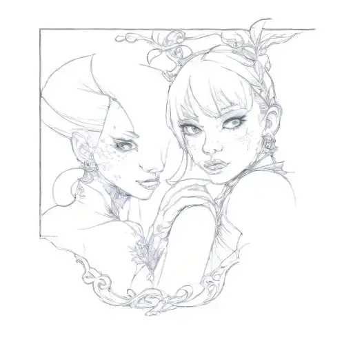 two girls posing for a picture frame tattoo design idea