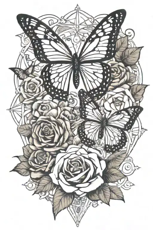 butterfly, rose and symbol of courage bravery honor and respect tattoo design idea