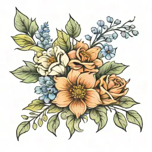 A tattoo design featuring the birth flowers of January, November, and December intertwined in a floral bouquet, symbolizing the client's love for their family's birth months. tattoo design idea