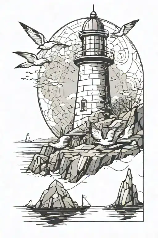 a sketch for a tattoo with a lighthouse that is carved out of rocks with seagulls around tattoo design idea