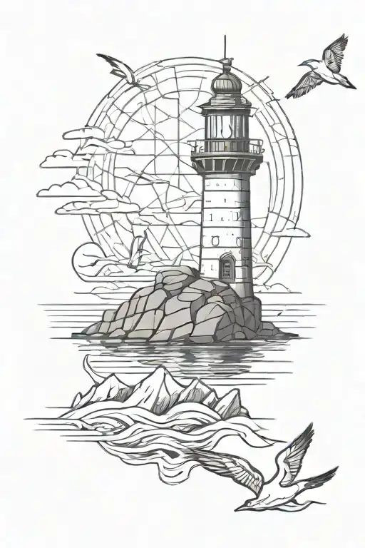 a sketch for a tattoo with a lighthouse that is carved out of rocks with seagulls arounda sketch for a tattoo with a lig tattoo design idea