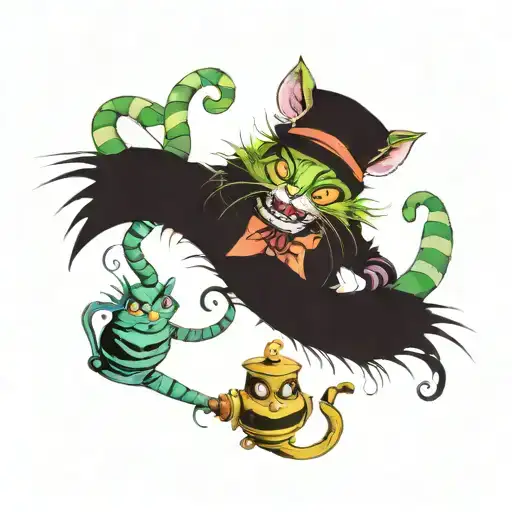 mixed with Alice in Wonderland and Harry Potter. alice, the Cheshire cat,  incorporate the caterpillar with his hooka, t tattoo design idea