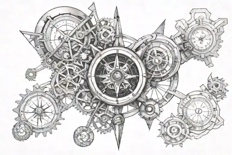 Create a mechanical steampunk-inspired tattoo featuring a compass as the centerpiece, surrounded by construction tools and mountain biking elements tattoo design idea