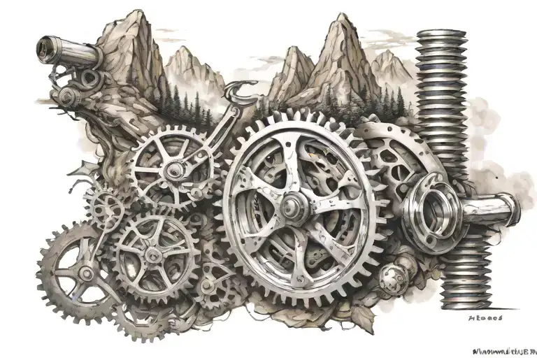 Create a mountain landscape scene with a winding trail for mountain biking, incorporating mechanical elements like gears and tools tattoo design idea