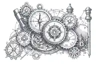 Create a mechanical steampunk-inspired tattoo featuring a compass as the centerpiece, surrounded by construction tools and mountain biking elements tattoo design idea
