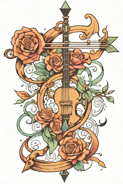 I want a sagittarius arrow with a bow and a treble clef tattoo design idea