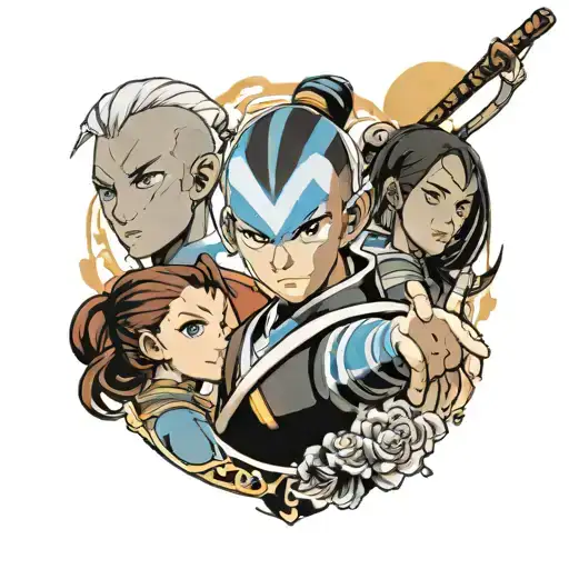 a full arm sleeve that is Avatar the Last Airbender themed and includes the characters: Aang, Sokka, Katara, and Zuko tattoo design idea