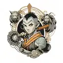 a full arm sleeve that is Avatar the Last Airbender themed and includes the characters: Aang, Sokka, Katara, and Zuko tattoo design idea