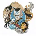 a full arm sleeve that is Avatar the Last Airbender themed and includes the characters: Aang, Sokka, Katara, and Zuko tattoo design idea