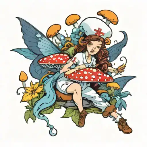 A nurse surrounded by magical toadstools and faeries tattoo design idea