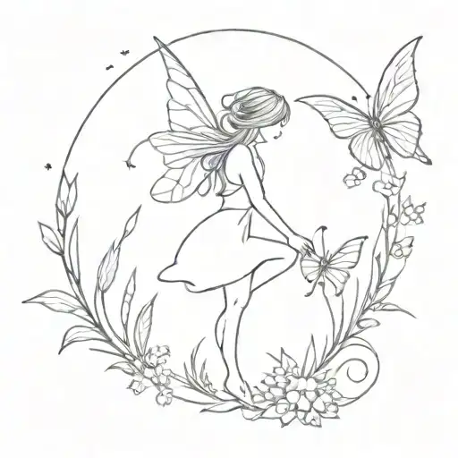 A minimalist tattoo design of a fairy surrounded by a variety of wild flowers, creating a whimsical and enchanting scene tattoo design idea