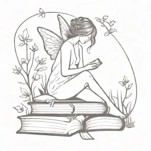 A minimalist tattoo design of a fairy sitting on a stack of open books, with wild flowers blooming around her, symbolizing the client's love for reading and nature tattoo design idea