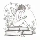 A minimalist tattoo design of a fairy sitting on a stack of open books, with wild flowers blooming around her, symbolizing the client's love for reading and nature tattoo design idea