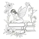 A minimalist tattoo design of a fairy sitting on a stack of open books, with wild flowers blooming around her, symbolizing the client's love for reading and nature tattoo design idea