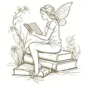 A minimalist tattoo design of a fairy sitting on a stack of open books, with wild flowers blooming around her, symbolizing the client's love for reading and nature tattoo design idea