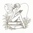 A minimalist tattoo design of a fairy sitting on a stack of open books, with wild flowers blooming around her, symbolizing the client's love for reading and nature tattoo design idea