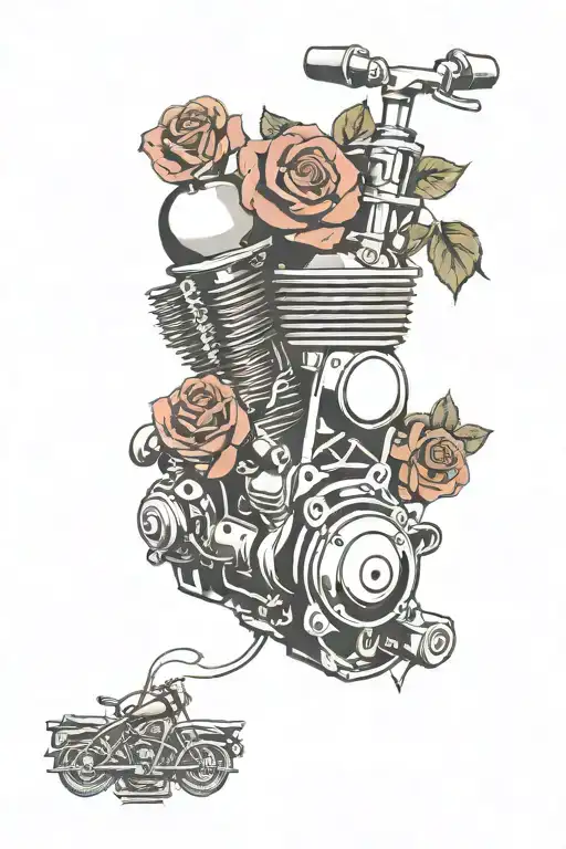 motorbike engine surrounded with roses tattoo design idea