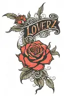 red and black rose with words "Love Yourz" tattoo design idea