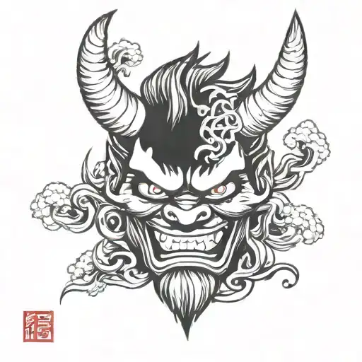 one mask with Akuma symbol intertwined tattoo design idea