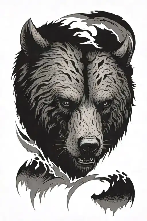 a gaunt, faceless, horned bear showing sadness, fear, and anger. otherworldly, black, gloomy and terrifying SLIM  tattoo design idea