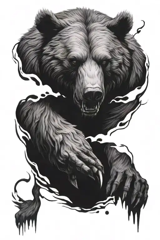 a gaunt, faceless, horned bear showing sadness, fear, and anger. otherworldly, black, gloomy and terrifying   tattoo design idea