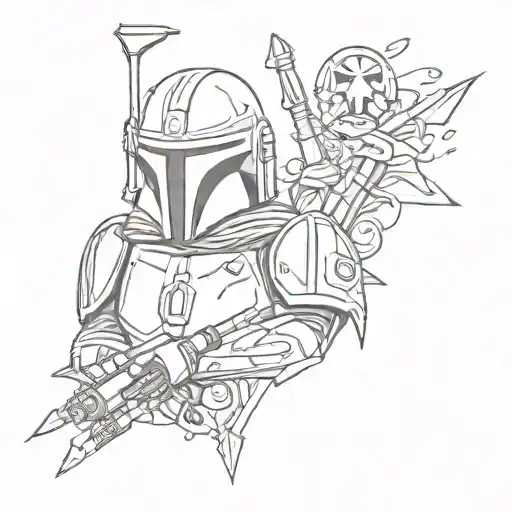 A sketch-style design of Mandalorian and Star Wars symbols blending together seamlessly tattoo design idea
