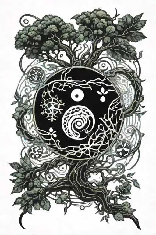 yin and yang as a seed sprouting into a tree  tattoo design idea