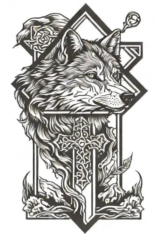 cross with a wolf standing tattoo design idea