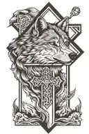 cross with a wolf standing tattoo design idea