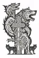 cross with a wolf standing tattoo design idea