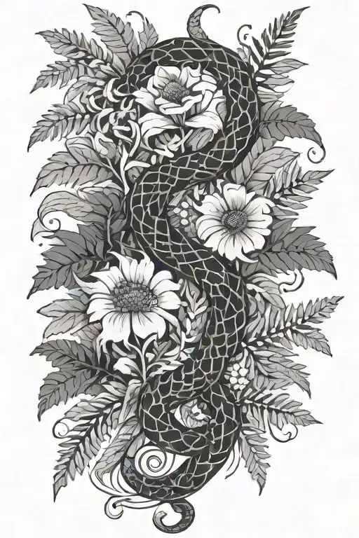 Flowers snake fern leaves around as a whole tattoo design idea