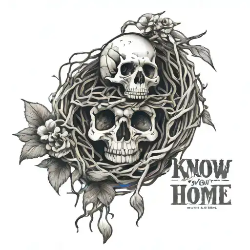 Bird's nest with a  skull in it. And a bird skelleton perched above it with the text "Know your home, know you're home"  tattoo design idea