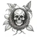 Bird's nest with a  skull in it. with the text "Know your home, know you're home"  tattoo design idea