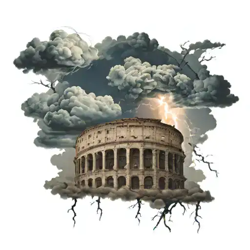Clouds with lightning and above them a dark coliseum with lightning tattoo design idea