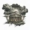 Clouds with lightning and above them a dark coliseum with lightning tattoo design idea