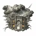 Clouds with lightning and above them a dark coliseum with lightning tattoo design idea
